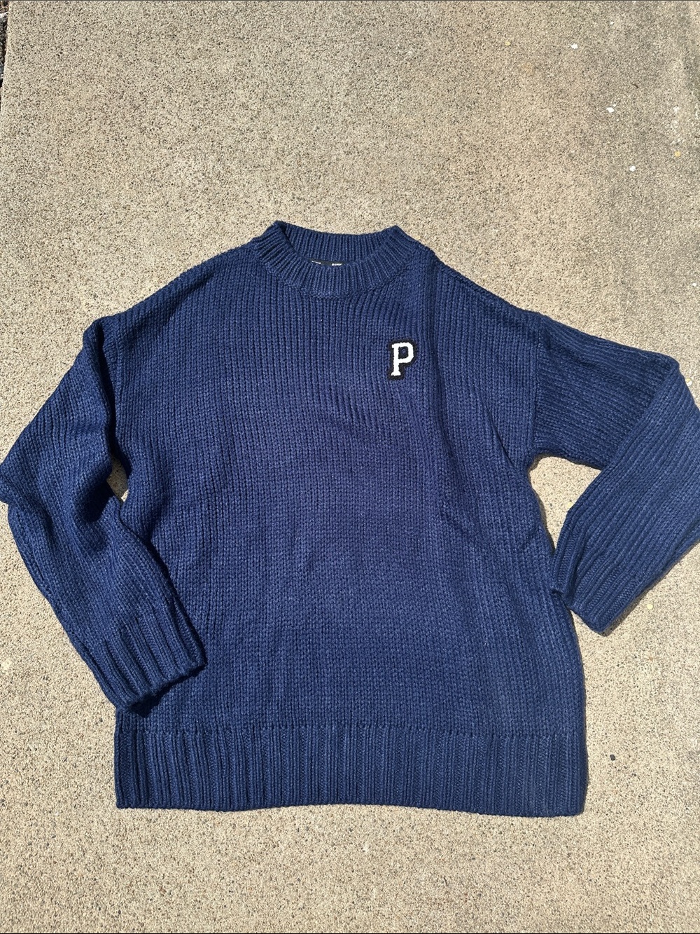 PINK Victoria's Secret Navy Crewneck Sweater with 'P' Patch size small!. Worn